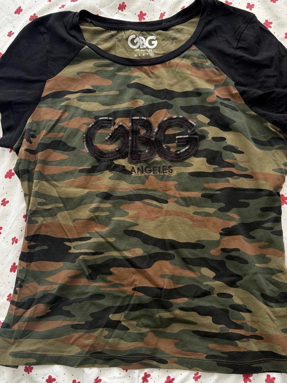 GBG Los Angeles Camo Raglan Tee in Black and Green